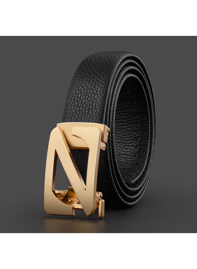 Cow Top-grain Leather Belt With Automatic Buckle, Waist Belt For Boyfriend Or Husband, Birthday Gift, C-2008 Lychee Pattern Gold - Image 1