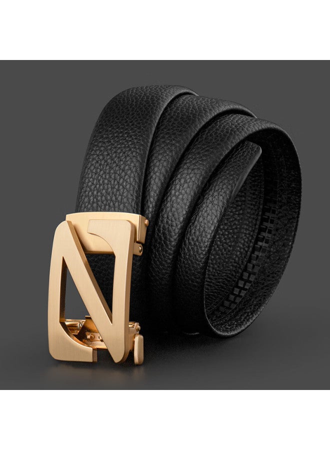 Cow Top-grain Leather Belt With Automatic Buckle, Waist Belt For Boyfriend Or Husband, Birthday Gift, C-2008 Lychee Pattern Gold - Image 5