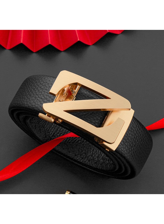 Cow Top-grain Leather Belt With Automatic Buckle, Waist Belt For Boyfriend Or Husband, Birthday Gift, C-2008 Lychee Pattern Gold - Image 2