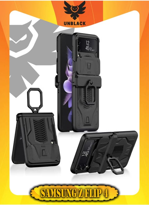 UNBLACK For Samsung Z Flip 4 Military Shape Design with Slide Lens With Ring - (Black)