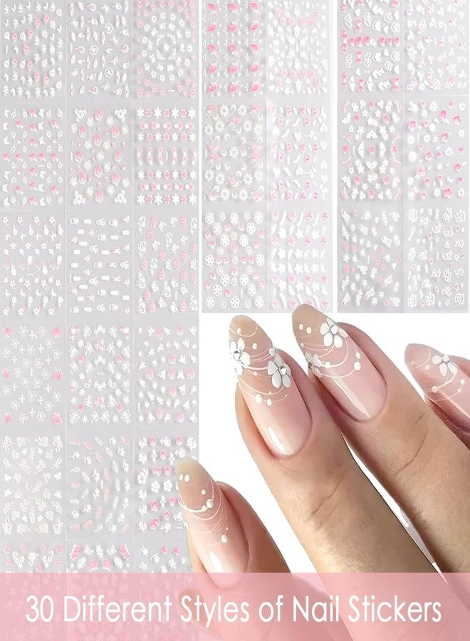 MAYCREATE® 30 Sheets Flower Nail Art Stickers 3D Self Adhesive Nails Stickers White Flower with Rhinestones Decals Nail Art Designs Flowers Sticker for Nails Decorations - Image 3