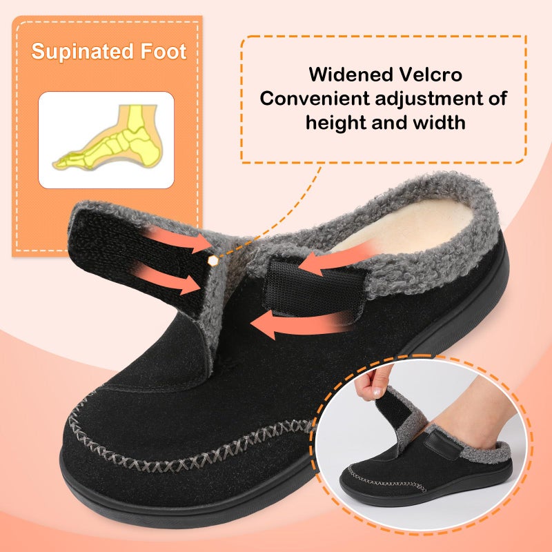 LeIsfIt Womens Wide Slippers Adjustable Diabetic Slippers Warm Cozy Slip on House Slipper Non-slip Memory Foam Winter House Shoes Indoor Outdoor Black Size 8 - Image 3