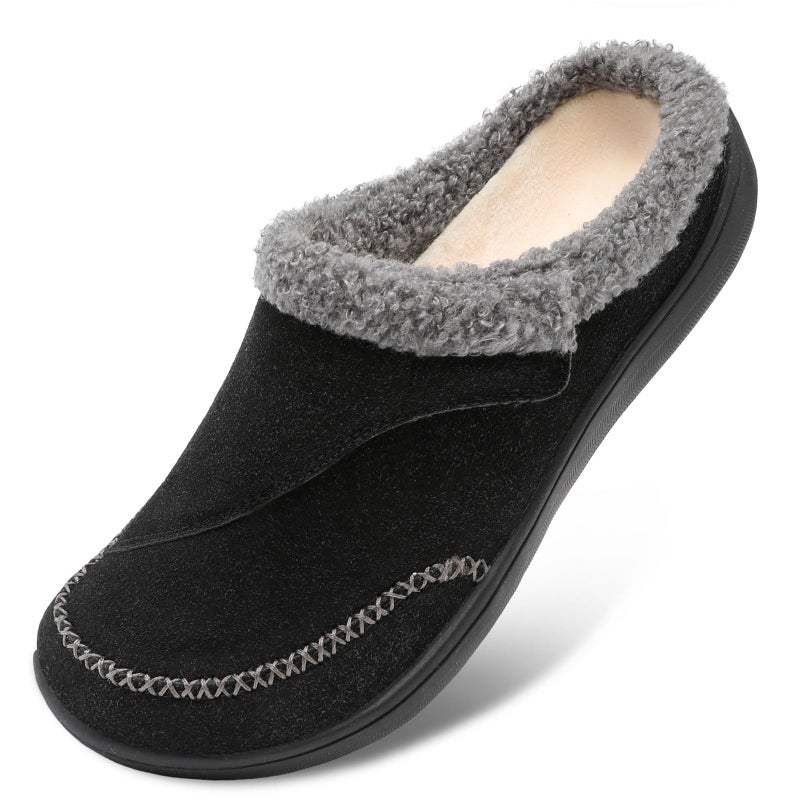 LeIsfIt Womens Wide Slippers Adjustable Diabetic Slippers Warm Cozy Slip on House Slipper Non-slip Memory Foam Winter House Shoes Indoor Outdoor Black Size 8 - Image 1