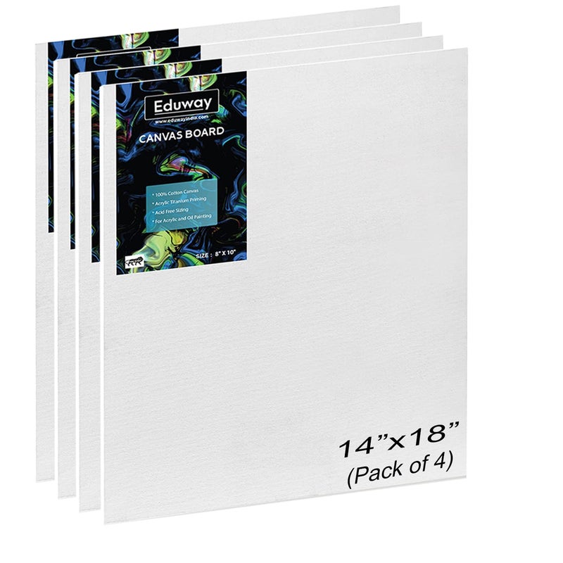 Eduway® Canvas Board for Painting- (14x18) | Premium Quality 7Oz Pre-Primed Cotton Canvas Board for Artists & Beginners | Ideal for Acrylic, Oil, Gouache, Pastels Colors (Pack of 4) (35x45 cms). - Image 1