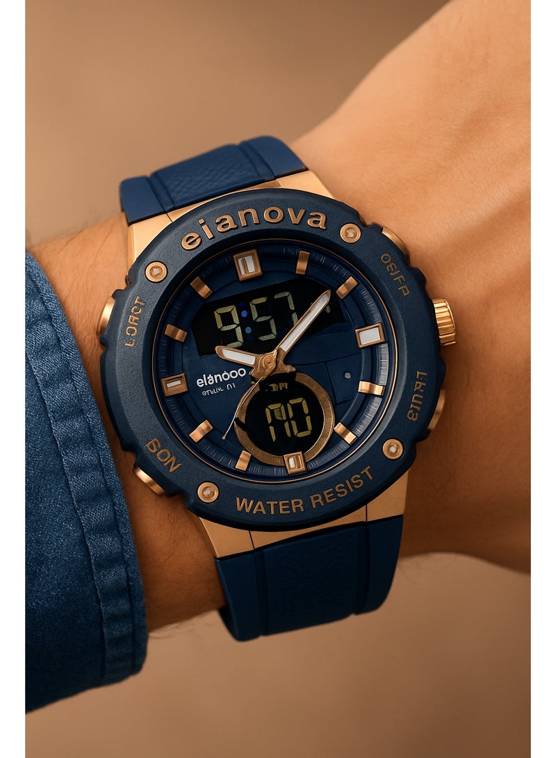 إيلانوفا ساعة يد رقمية وتناظرية بتصميم رياضي، مقاومة للماء حتى 5 بار، مزودة بتوقيت مزدوج وحزام سيليكون متين، طراز EL71 - Image 2