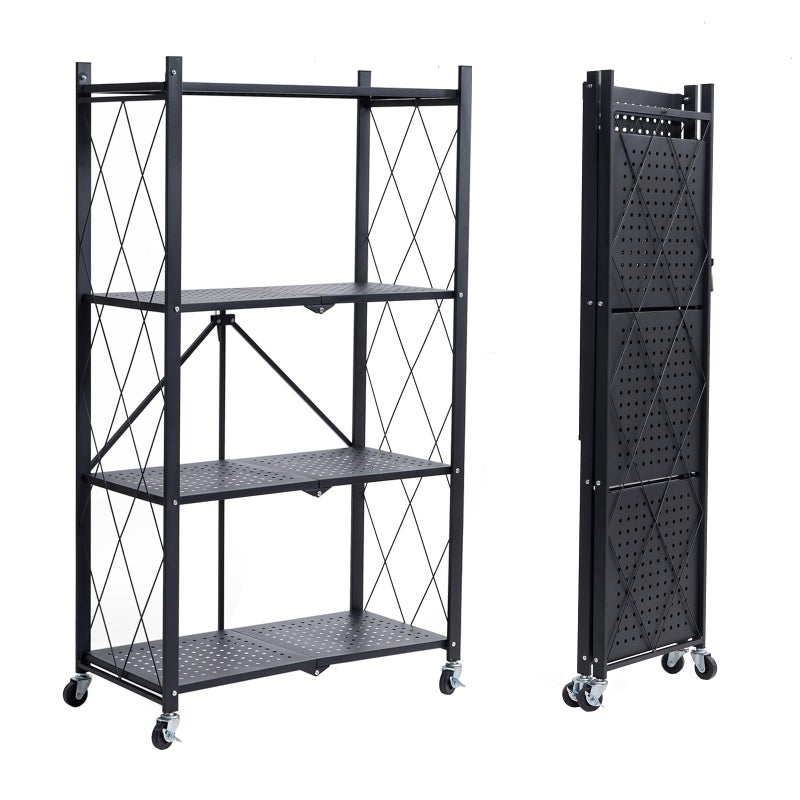 BRIAN  DANY 4Shelf Foldable Storage Shelves with Wheels Folding Metal Rack Shelving Unit Heavy Duty No Assembly Organizer Shelf for Garage Kitchen Basement Pantry Black