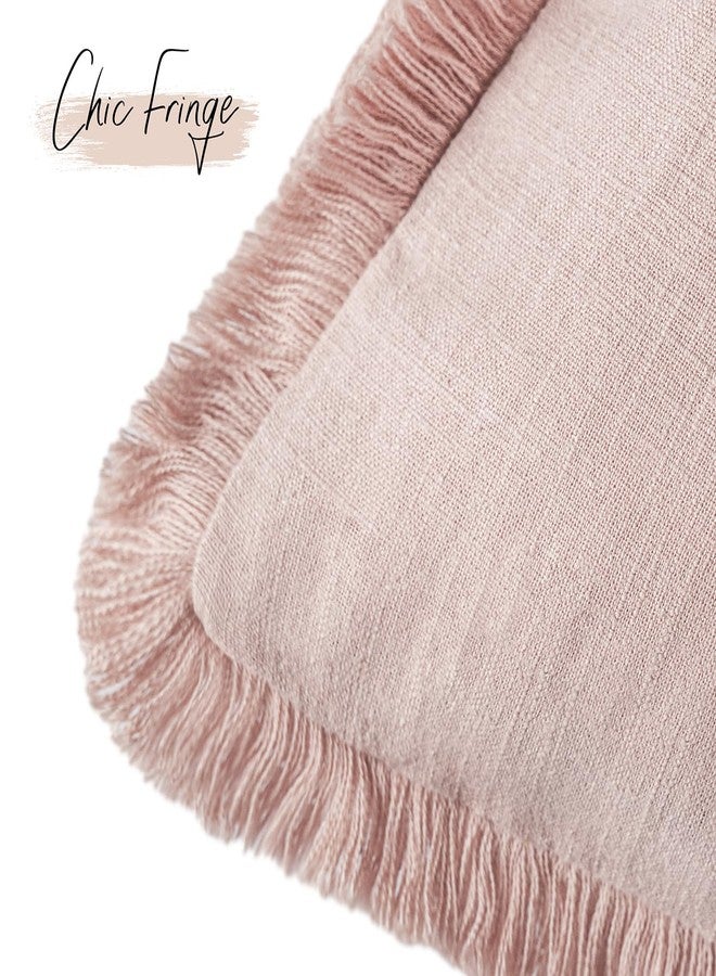 Foindtower Set of 2 Decorative Linen Fringe Throw Pillow Covers Boho Farmhouse Cushion Cover with Tassels Soft Accent Pillowcase for Couch Chair Sofa Bed Living Room Home Decor,22×22 Inch,Light Pink - Image 3
