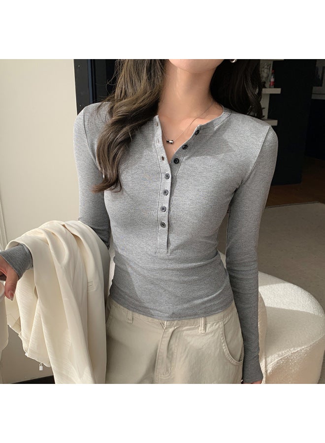 K2105 Button-down Half-open Collar Long-sleeved Inner Layering Shirt For Women Early Autumn New Korean Slim T-shirt Top
