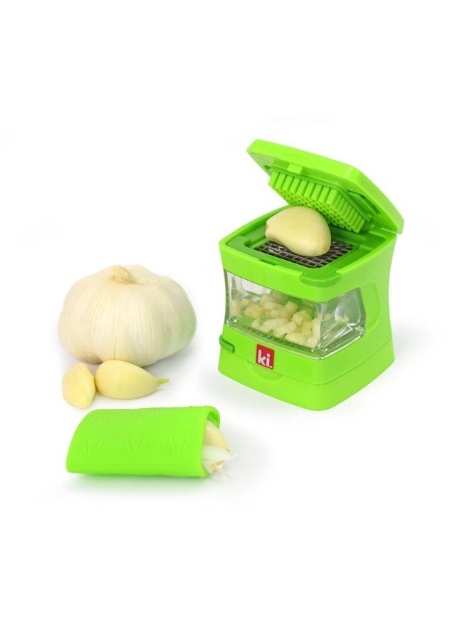Kitchen Innovations Garlic-A-Peel Garlic Press, Crusher, Cutter, Mincer, and Storage Container - Includes Silicone Garlic Peeler - Easy to Clean - Stainless Steel Blades – (Green) - Image 1