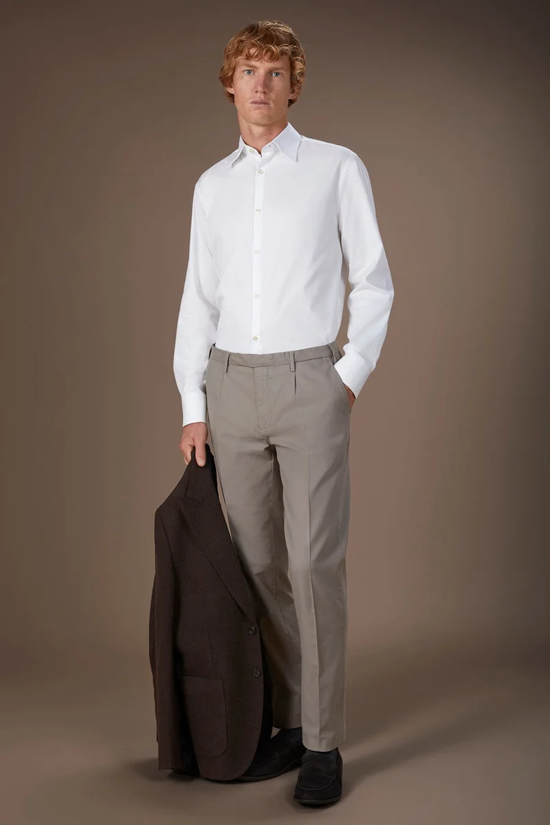 دوبل غانغر Men's casual shirt with classic collar in 100% cotton gabardine fabric comfort fit - Cream
