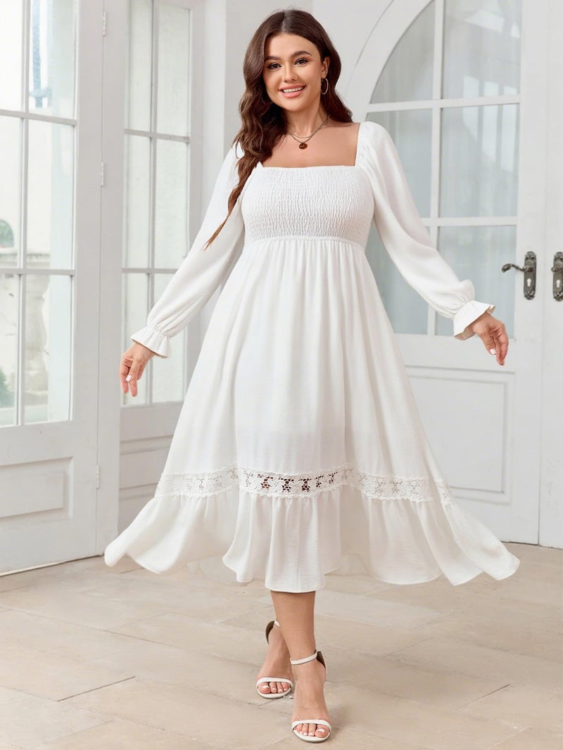 SCOMCHIC Womens Plus Size Fall Dresses Long Sleeve Square Neck Wedding Guest Smocked Flowy Boho Country Western Maxi Dress White - Image 3
