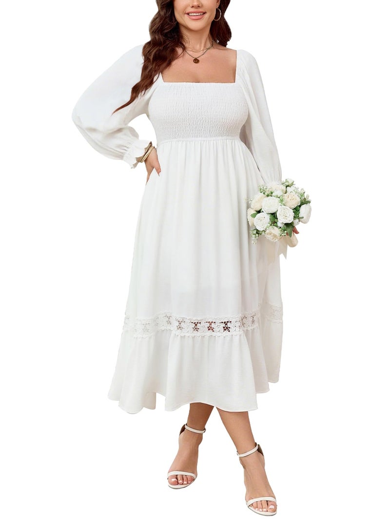 SCOMCHIC Womens Plus Size Fall Dresses Long Sleeve Square Neck Wedding Guest Smocked Flowy Boho Country Western Maxi Dress White - Image 2