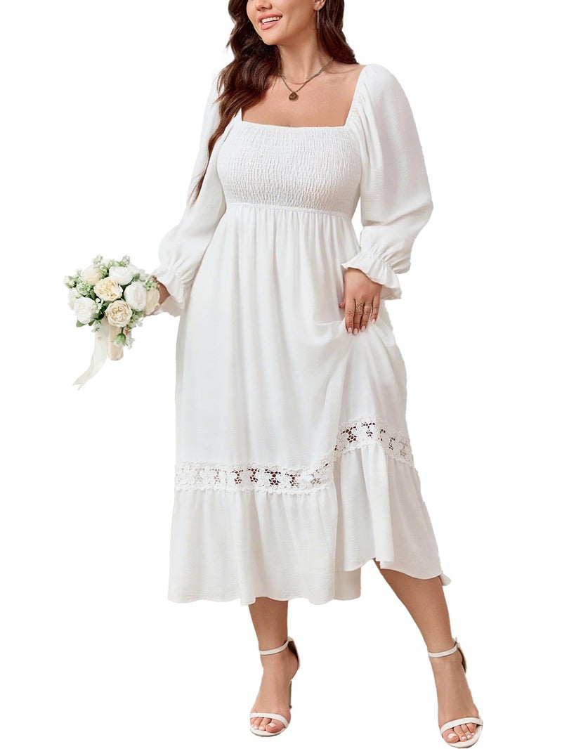 SCOMCHIC Womens Plus Size Fall Dresses Long Sleeve Square Neck Wedding Guest Smocked Flowy Boho Country Western Maxi Dress White - Image 1