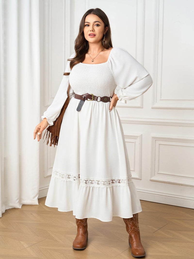 SCOMCHIC Womens Plus Size Fall Dresses Long Sleeve Square Neck Wedding Guest Smocked Flowy Boho Country Western Maxi Dress White - Image 5