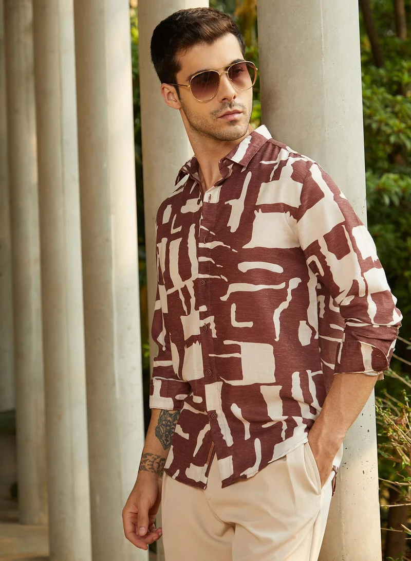 Campus Sutra Men's Ivory White & Chocolate Brown Abstructural Shirt