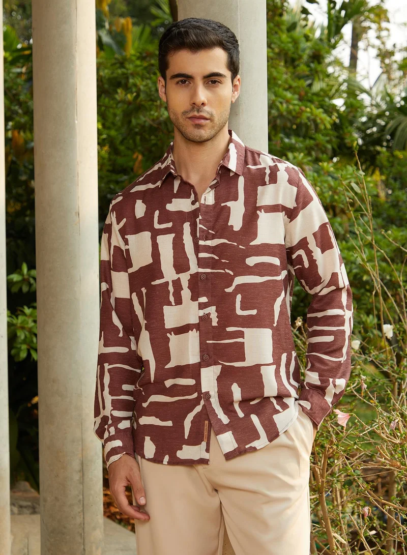 Campus Sutra Men's Ivory White & Chocolate Brown Abstructural Shirt