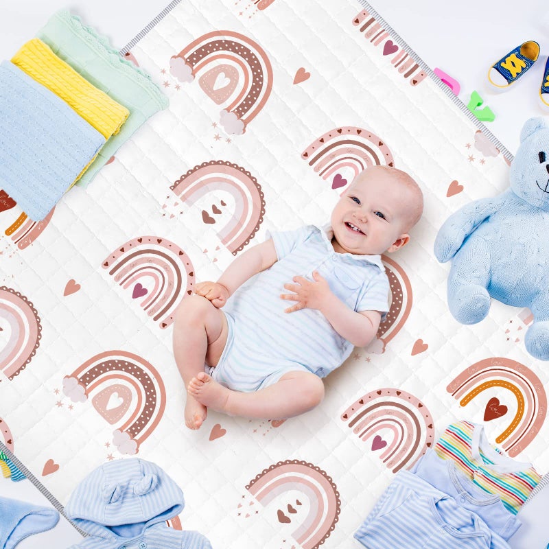 Funtery 43 x 43 Inch Boho Rainbow Baby Play Mat Portable Crawling Washable Foldable Tummy Time Non Slip Baby Floor Large Playpen Mat for Infants Toddlers Floor Playpen Activity(Boho Rainbow) - Image 2
