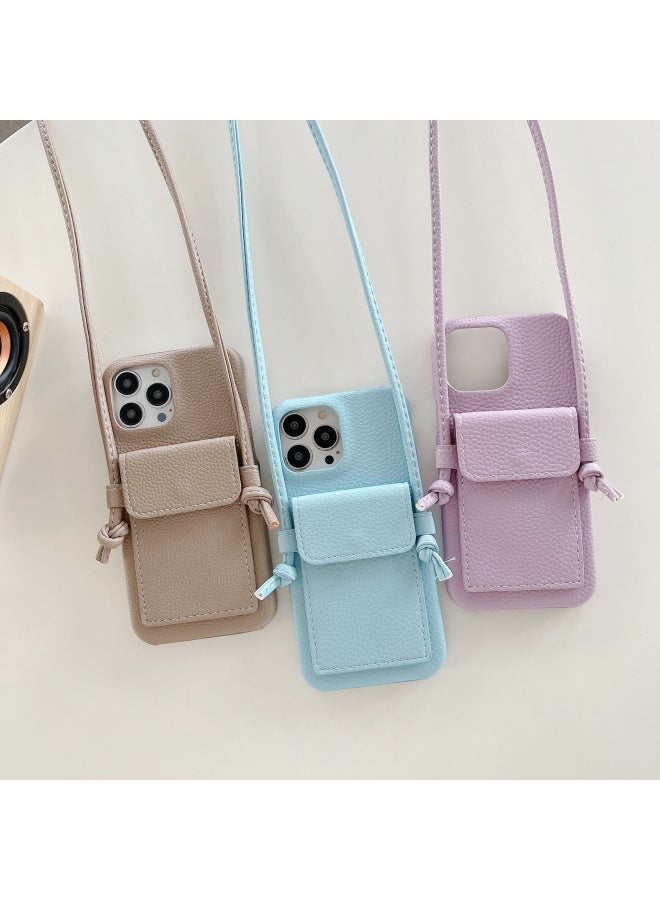 Japan And South Korea Card Case Crossing IPhone16 Phone Case Apple 15pro Max/13/X/7 Leather Phone Case-Color:Litchi Pattern Ear Card Holder Lanyard Brown-Applicable Model:iPhone16pro Max