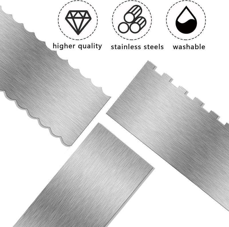 Abvsdu 3 Piece 9 Inch Stainless Steel Cake Scraper, Cream Cake Scraper Sided Patterned Edge Stripe Edge Smoother Scraper Cake Smoother Frosting Scraper Cake Decorating Comb for Mousse Butter Cream - Image 4