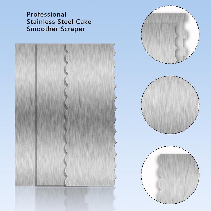 Abvsdu 3 Piece 9 Inch Stainless Steel Cake Scraper, Cream Cake Scraper Sided Patterned Edge Stripe Edge Smoother Scraper Cake Smoother Frosting Scraper Cake Decorating Comb for Mousse Butter Cream - Image 3