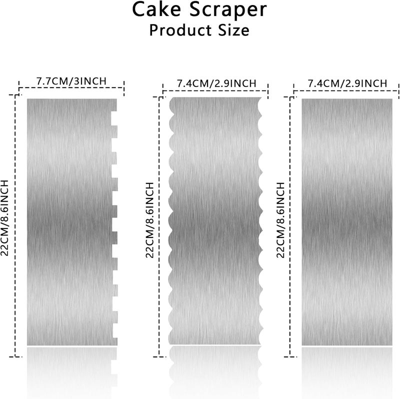 Abvsdu 3 Piece 9 Inch Stainless Steel Cake Scraper, Cream Cake Scraper Sided Patterned Edge Stripe Edge Smoother Scraper Cake Smoother Frosting Scraper Cake Decorating Comb for Mousse Butter Cream - Image 2