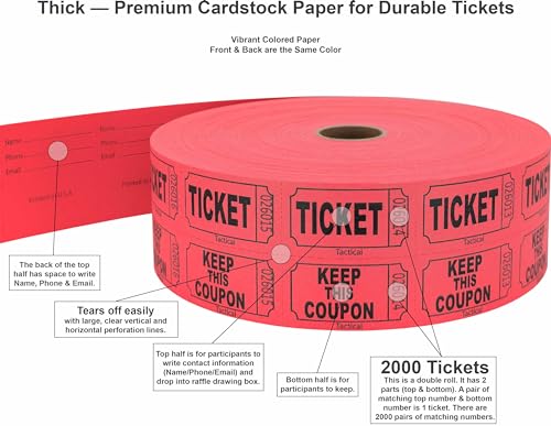 Tacticai 2000 Raffle Tickets, Red (1 of 8 Colors), Double Roll, Tickets for Events, Entry, Class Reward, Fundraiser & Prizes - Image 2