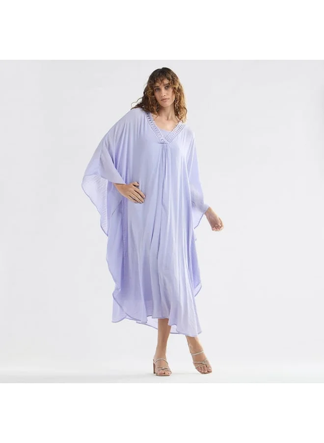 FAV Solid Midi Kaftan Dress with Long Sleeves and Lace Detail