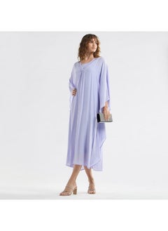 FAV Solid Midi Kaftan Dress with Long Sleeves and Lace Detail  - Image 1