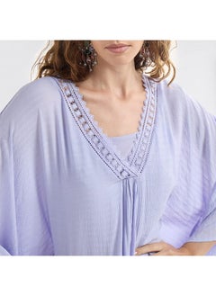 FAV Solid Midi Kaftan Dress with Long Sleeves and Lace Detail  - Image 4