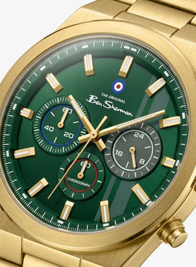 Ben Sherman Canterbury Green Dial Gold Stainless Steel Bracelet Chronograph Watch for Men, 44mm
