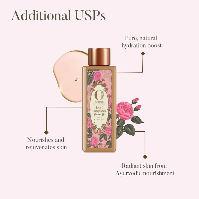 Ohria Ayurveda Rose  Pomegranate Shower Oil  Calming Hydrating Bath  Body Oil with Almond Apricot  Shea Butter  Nourishing Formula for Soft Radiant Skin  50ml - Image 2