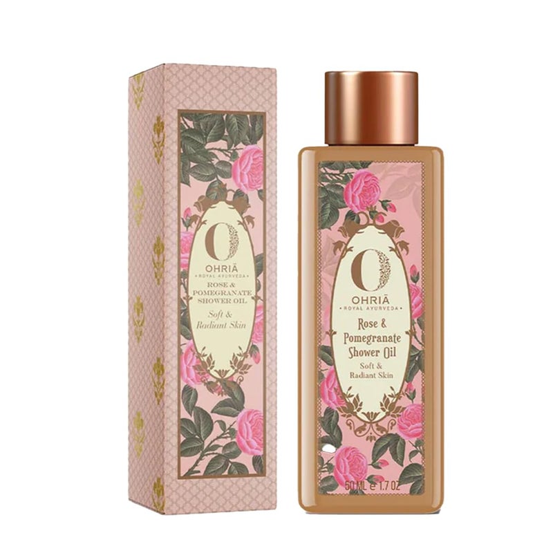 Ohria Ayurveda Rose  Pomegranate Shower Oil  Calming Hydrating Bath  Body Oil with Almond Apricot  Shea Butter  Nourishing Formula for Soft Radiant Skin  50ml - Image 1
