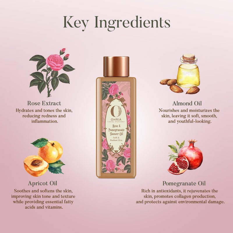 Ohria Ayurveda Rose  Pomegranate Shower Oil  Calming Hydrating Bath  Body Oil with Almond Apricot  Shea Butter  Nourishing Formula for Soft Radiant Skin  50ml - Image 3