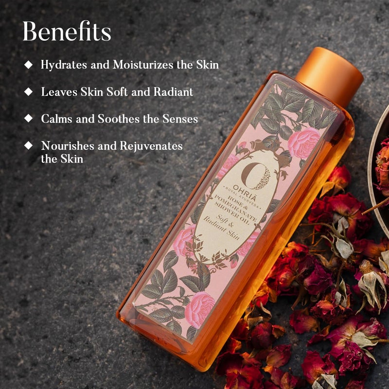 Ohria Ayurveda Rose  Pomegranate Shower Oil  Calming Hydrating Bath  Body Oil with Almond Apricot  Shea Butter  Nourishing Formula for Soft Radiant Skin  50ml - Image 5