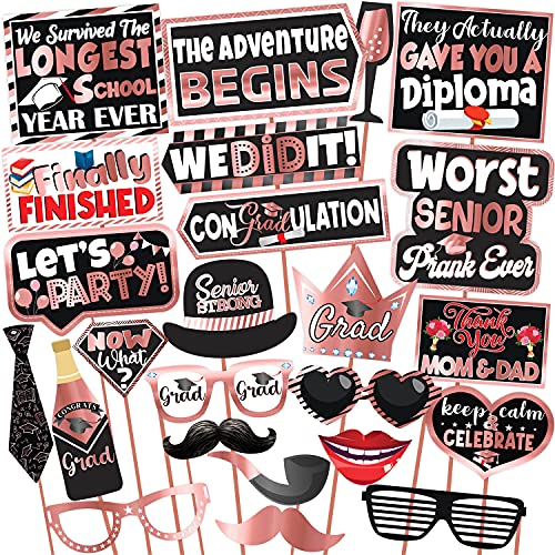 WOBBOX Graduation Photo Booth Party Props Pink & Black, Graduation Party Decoration, Graduation Decoration Item, Design 4, Medium (WOBOX1852) - Image 1