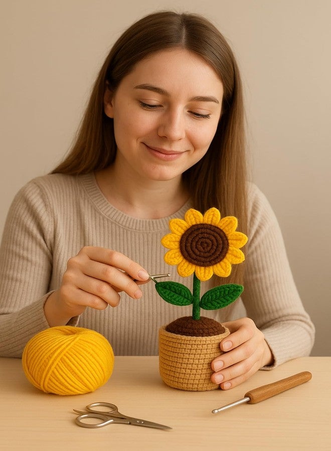craftelio Handmade Crochet Sunflower Pot – Knitted Artificial Flower Plant for Home Décor, Office Desk, Living Room, Table Decoration & Gifting (Beige) - Image 4