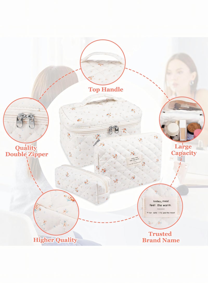 Cosmetic Bag, 3-Piece Cotton Quilted Makeup Bag Set, Large Floral Travel Toiletry Bag for Women, Aesthetic Toiletry Bags for Women Girls, Make Up Bag for Travel and Bathroom - Image 3