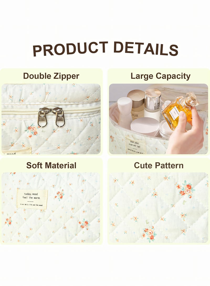 Cosmetic Bag, 3-Piece Cotton Quilted Makeup Bag Set, Large Floral Travel Toiletry Bag for Women, Aesthetic Toiletry Bags for Women Girls, Make Up Bag for Travel and Bathroom - Image 4