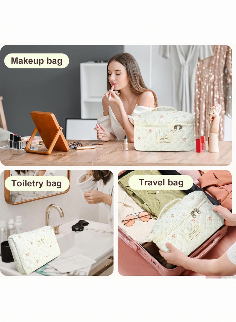 Cosmetic Bag, 3-Piece Cotton Quilted Makeup Bag Set, Large Floral Travel Toiletry Bag for Women, Aesthetic Toiletry Bags for Women Girls, Make Up Bag for Travel and Bathroom - Image 5