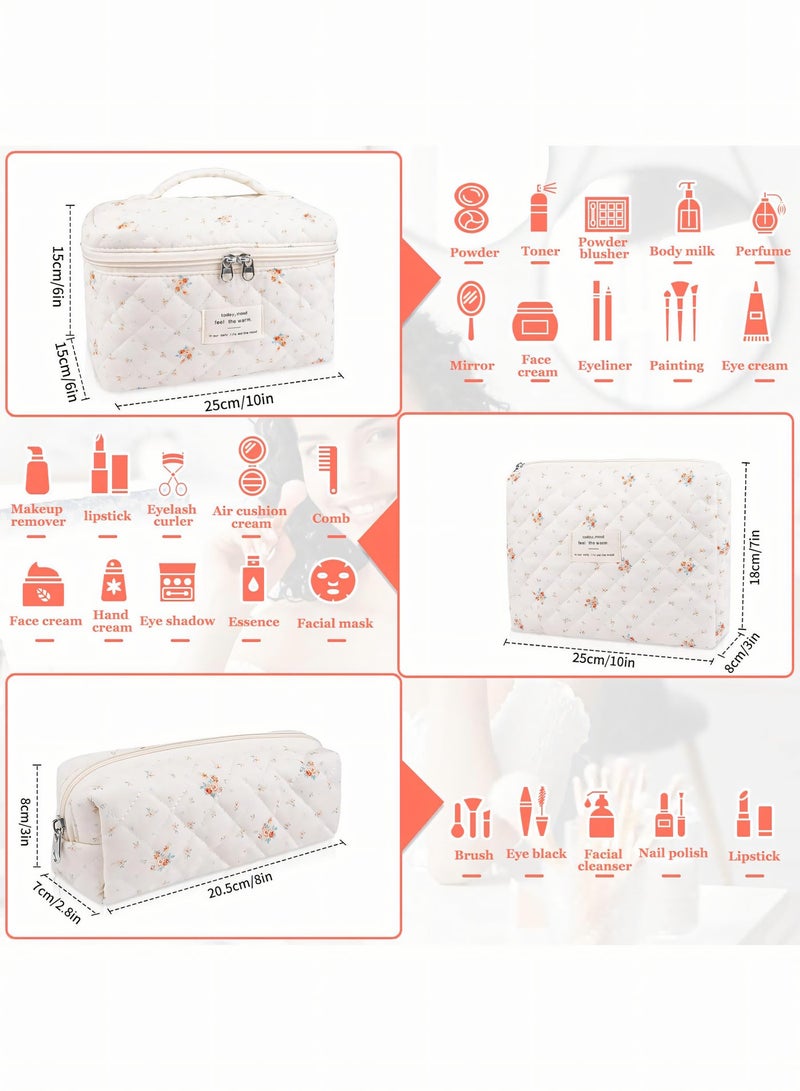 Cosmetic Bag, 3-Piece Cotton Quilted Makeup Bag Set, Large Floral Travel Toiletry Bag for Women, Aesthetic Toiletry Bags for Women Girls, Make Up Bag for Travel and Bathroom - Image 5