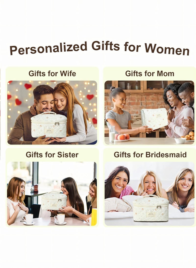 Cosmetic Bag, 3-Piece Cotton Quilted Makeup Bag Set, Large Floral Travel Toiletry Bag for Women, Aesthetic Toiletry Bags for Women Girls, Make Up Bag for Travel and Bathroom - Image 4