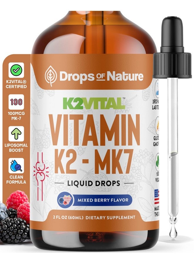 Drops of Nature مكمل فيتامين K2 MK7 السائل - K2MK7 نقي ميناكينون-7 (100 ميكروغرام) - نباتي، غير معدل وراثيًا وسريع الامتصاص - مكمل فيتامين K2 يومي لدعم قوة العظام وصحة القلب والأوعية الدموية (توت مختلط، 60 مل) - Image 1