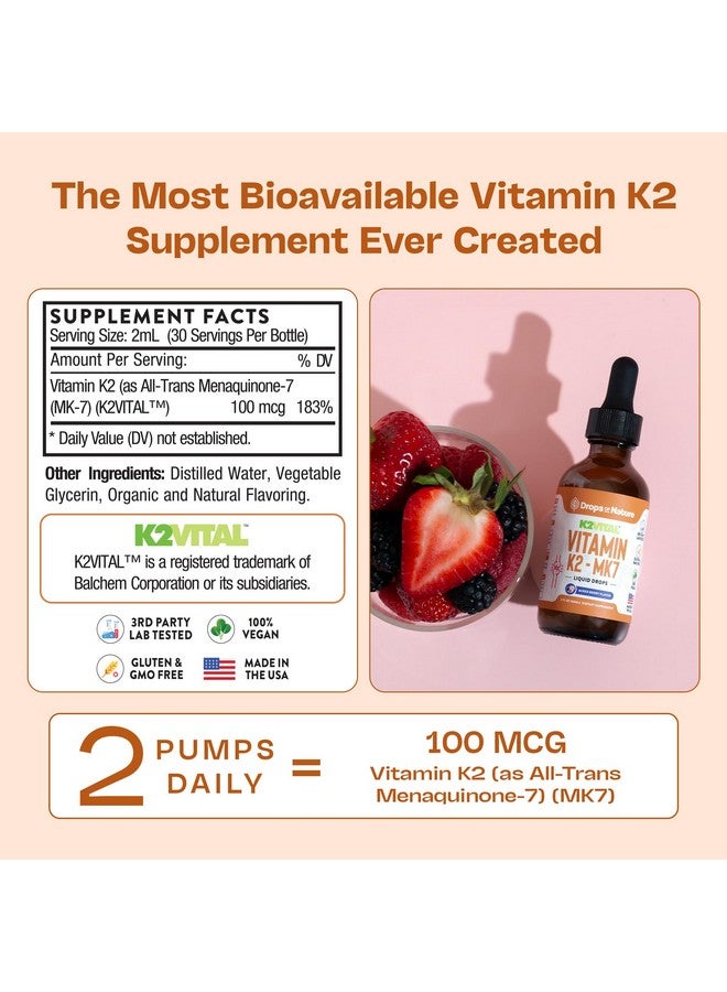 Drops of Nature مكمل فيتامين K2 MK7 السائل - K2MK7 نقي ميناكينون-7 (100 ميكروغرام) - نباتي، غير معدل وراثيًا وسريع الامتصاص - مكمل فيتامين K2 يومي لدعم قوة العظام وصحة القلب والأوعية الدموية (توت مختلط، 60 مل) - Image 5