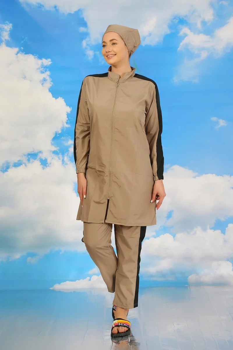اكبينيز Women's Full Hijab Swimsuit with Pants and Striped Sleeves Beige 31066