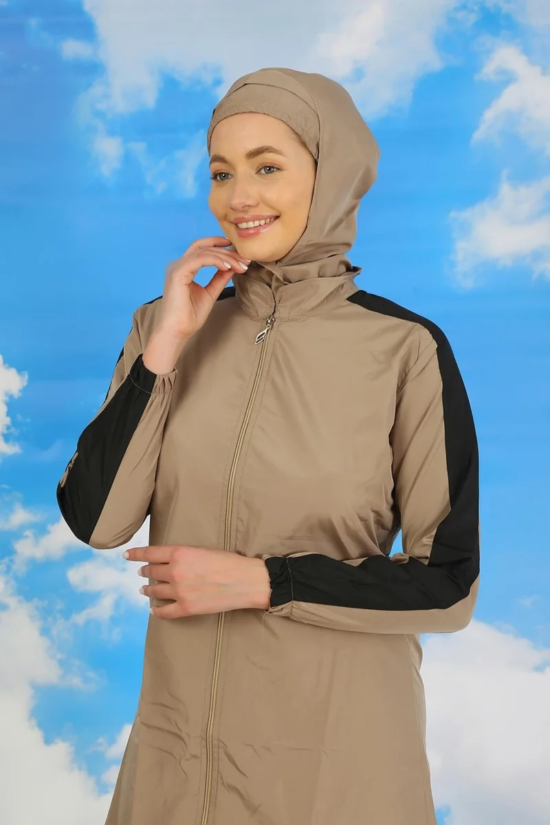 اكبينيز Women's Full Hijab Swimsuit with Pants and Striped Sleeves Beige 31066