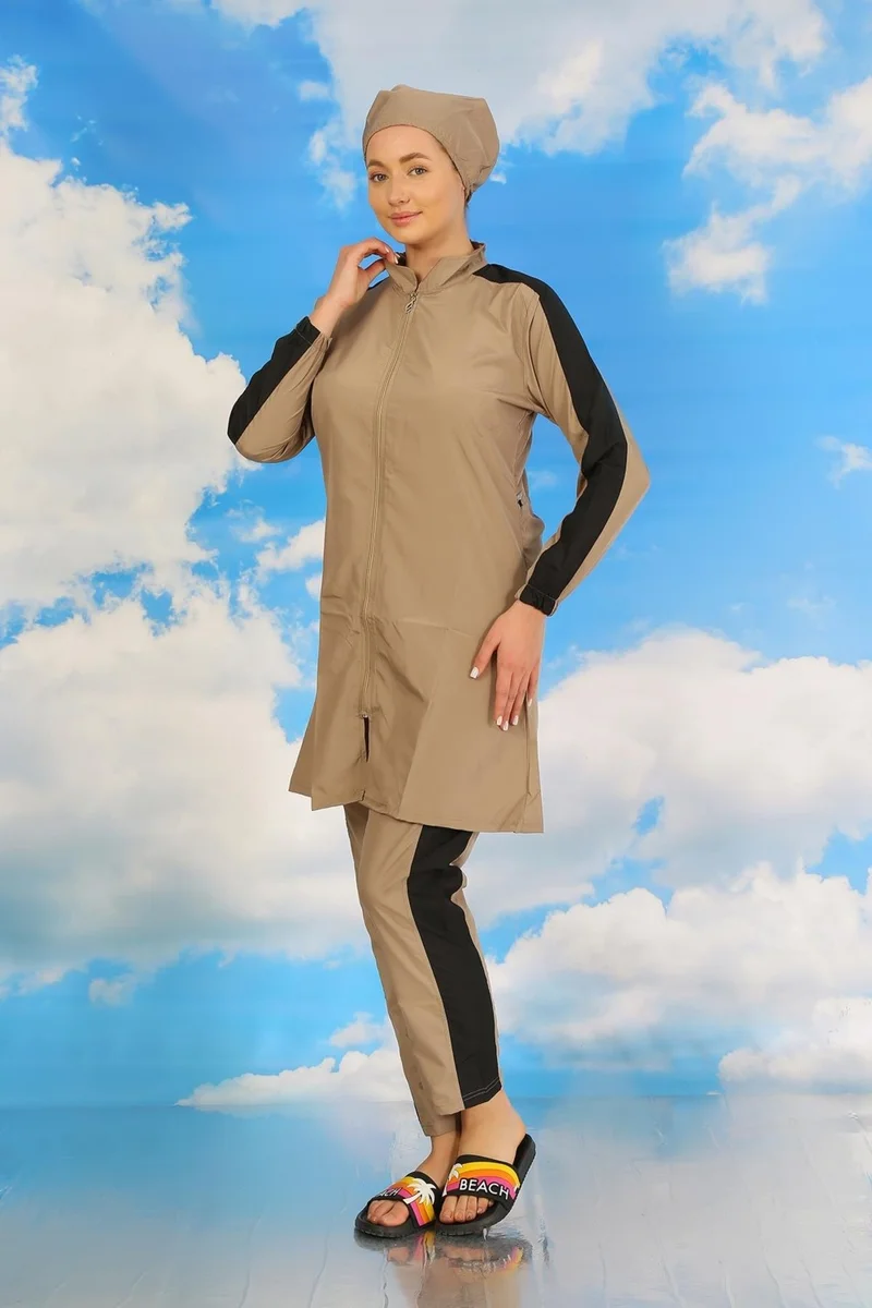 اكبينيز Women's Full Hijab Swimsuit with Pants and Striped Sleeves Beige 31066
