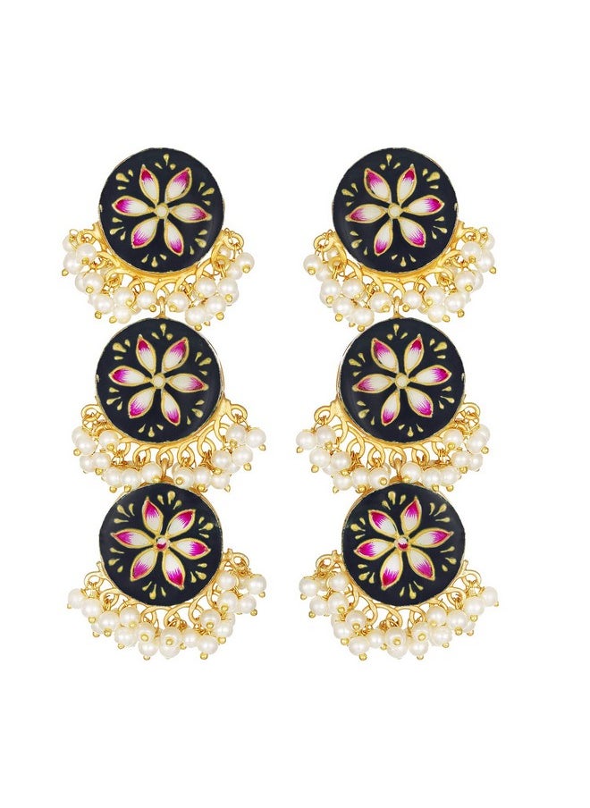 Aheli Traditional Wedding Party Wear Floral Enamel Dangle Earrings With Faux Beaded Tassel Indian Ethnic Fashion Jewelry For Women Girls Black  - Image 1