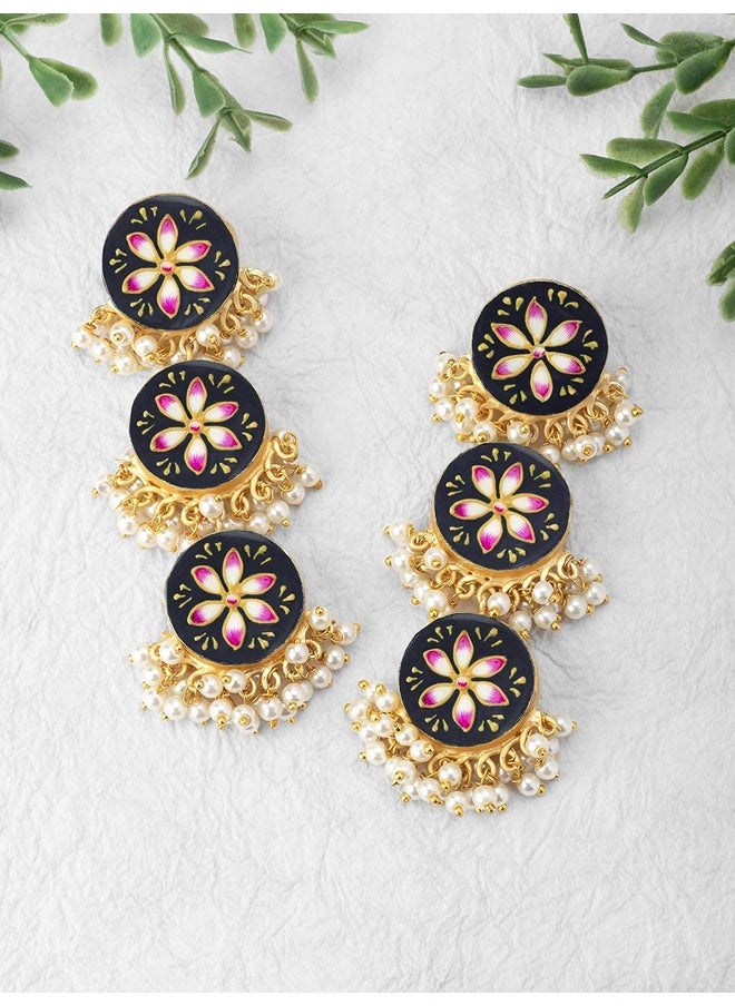 Aheli Traditional Wedding Party Wear Floral Enamel Dangle Earrings With Faux Beaded Tassel Indian Ethnic Fashion Jewelry For Women Girls Black  - Image 4