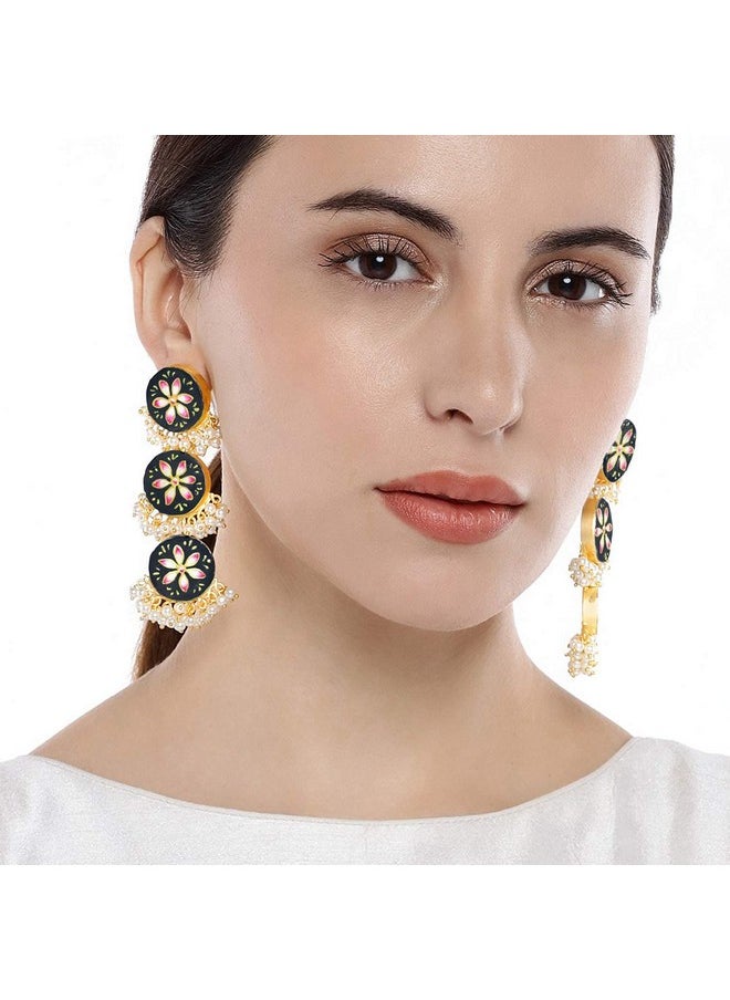 Aheli Traditional Wedding Party Wear Floral Enamel Dangle Earrings With Faux Beaded Tassel Indian Ethnic Fashion Jewelry For Women Girls Black  - Image 3