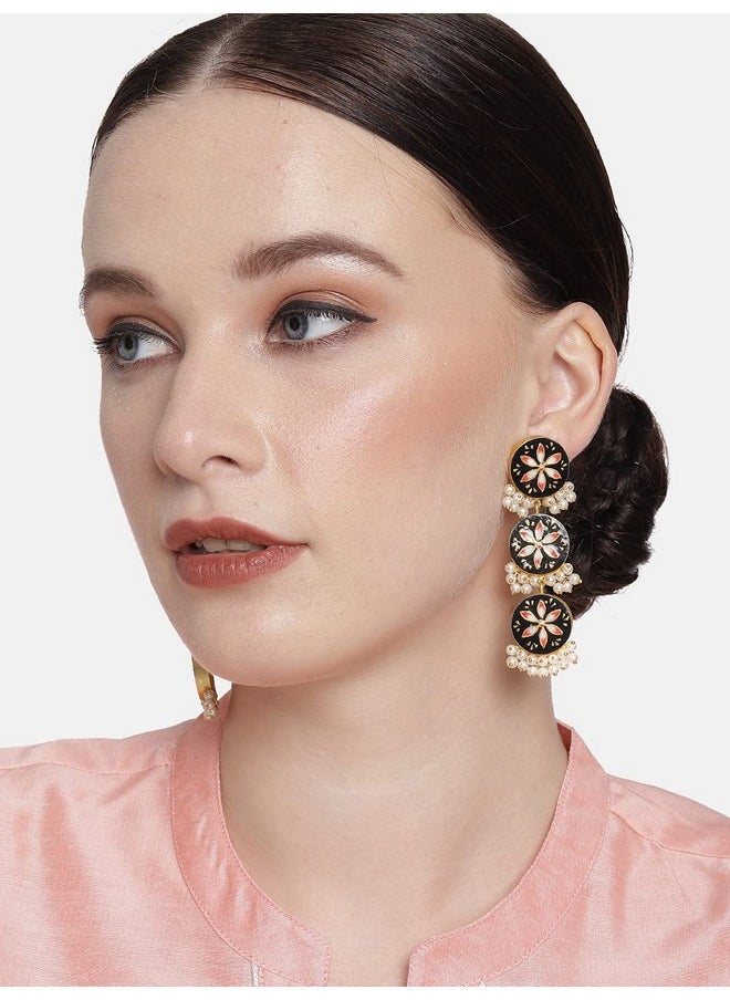 Aheli Traditional Wedding Party Wear Floral Enamel Dangle Earrings With Faux Beaded Tassel Indian Ethnic Fashion Jewelry For Women Girls Black  - Image 2